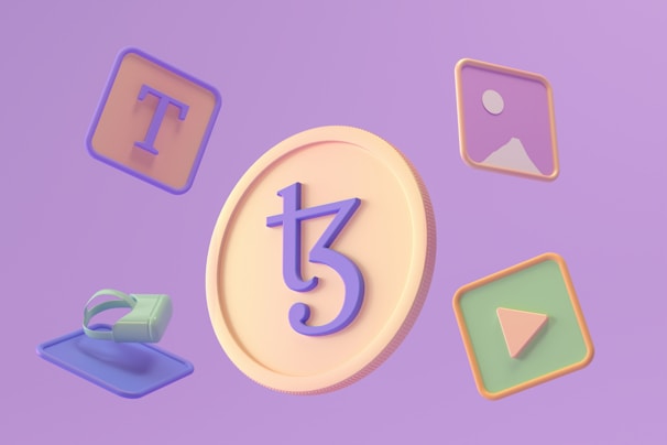 A 3D illustration featuring a large coin with a stylized symbol in the center surrounded by various floating icons. These include a letter T on a square background, an image icon, a play button, and a virtual reality headset. The background is a soft purple hue.