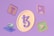 A 3D illustration featuring a large coin with a stylized symbol in the center surrounded by various floating icons. These include a letter T on a square background, an image icon, a play button, and a virtual reality headset. The background is a soft purple hue.