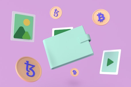 A stylized image features a pastel-colored wallet surrounded by symbols of digital currency, such as Bitcoin and Tezos icons. There are also illustrative graphics resembling mountains and a play button. The background is a solid lavender color, complementing the soft tones of the design.