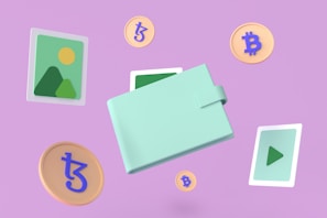 A stylized image features a pastel-colored wallet surrounded by symbols of digital currency, such as Bitcoin and Tezos icons. There are also illustrative graphics resembling mountains and a play button. The background is a solid lavender color, complementing the soft tones of the design.
