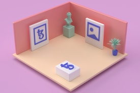 A minimalist room with pastel tones features two framed symbols on the wall, a pedestal bust in one corner, and a small potted plant in another. A rectangular block with another symbol rests on the floor.
