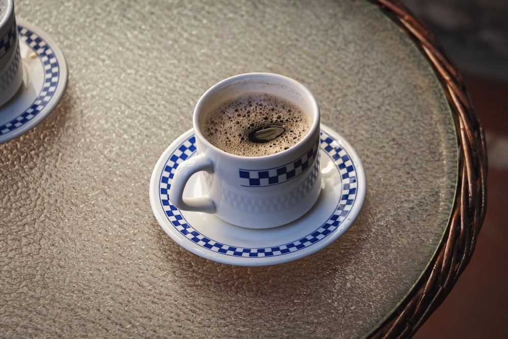 two cups of coffee sit on a table