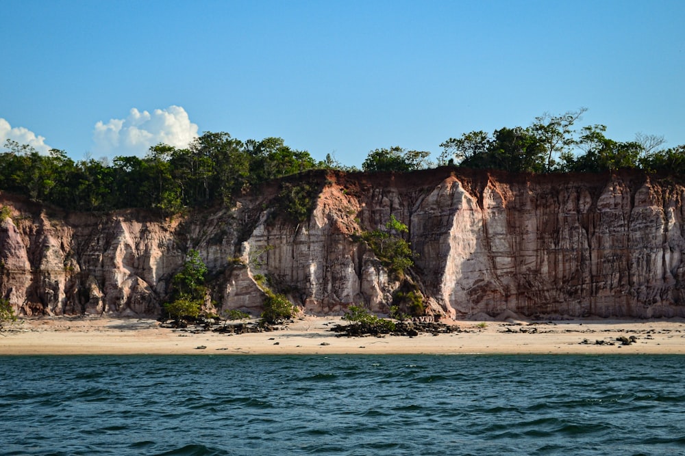 a large cliff on the side of a beach next to a body of water