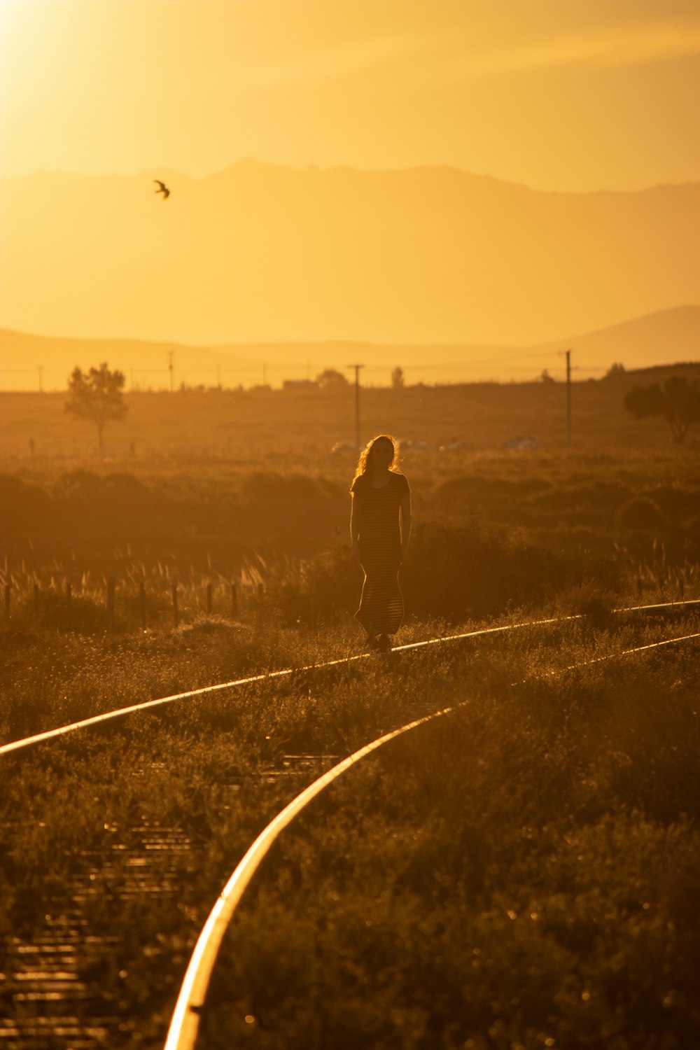 uma pessoa em pé em um trilho de trem ao pôr do sol