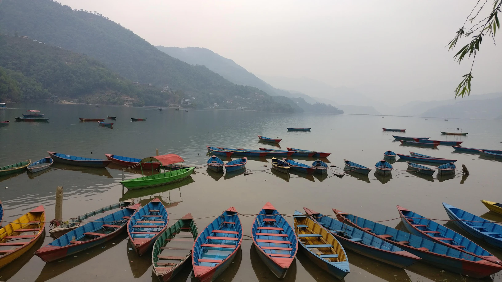 Boats lined up on Phewa Lake in Pokhara