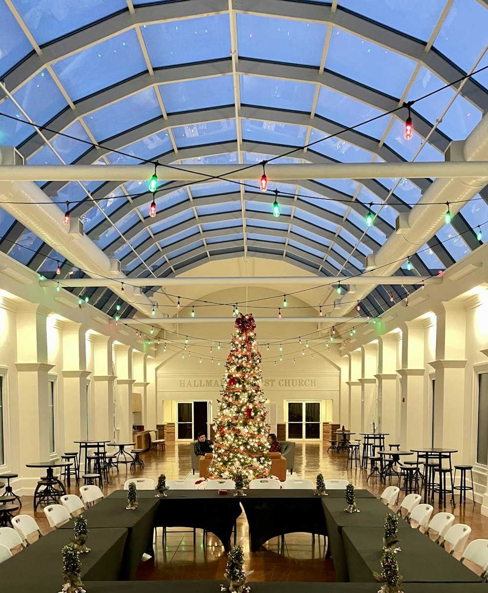 a large room with a christmas tree in the center