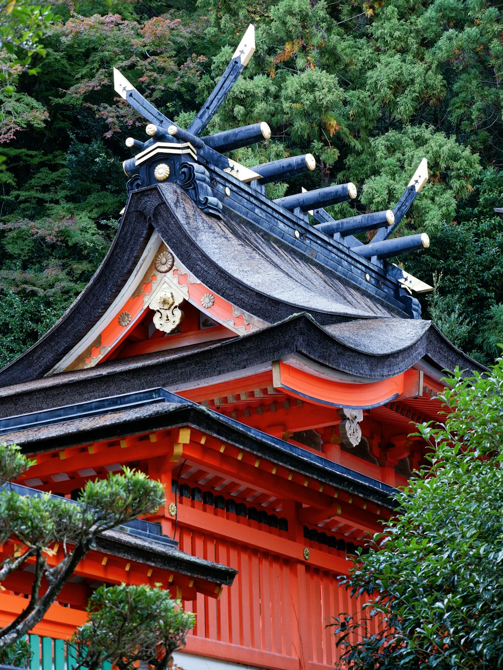 a red building with a black roof surrounded by trees