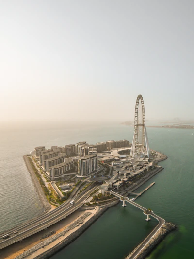 Aerial view of the Ain Dubai observation wheel at Bluewaters Island