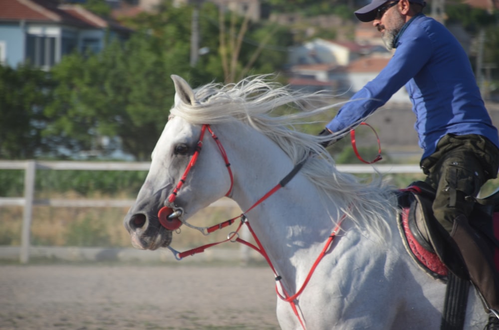 a man riding on the back of a white horse