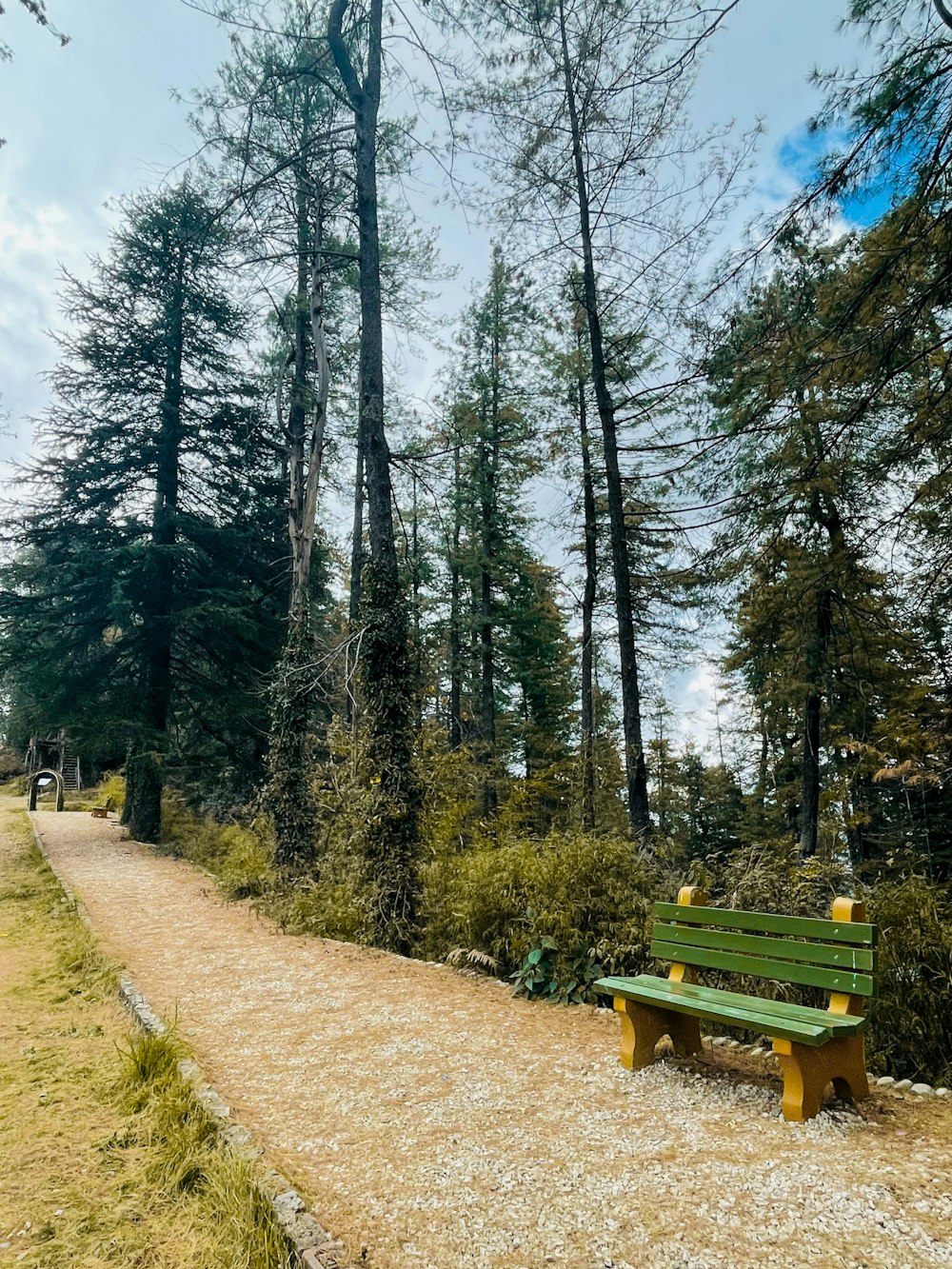 a green bench sitting on top of a dirt road