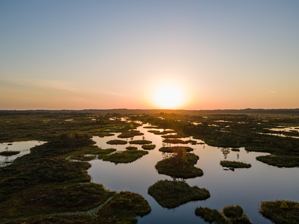 Il sole sta tramontando su una zona paludosa