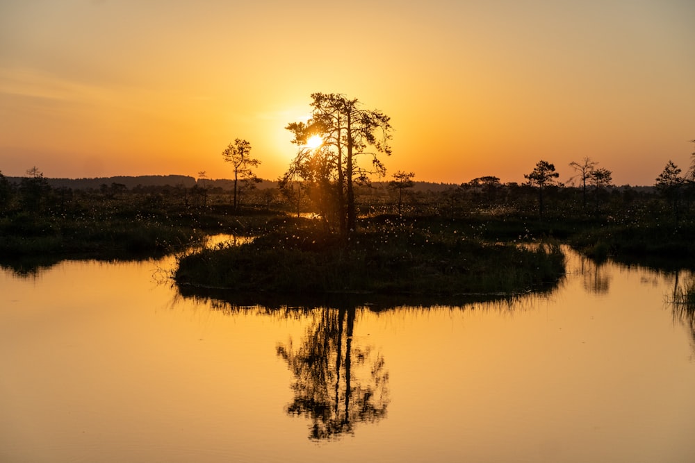 Il sole sta tramontando su un piccolo lago