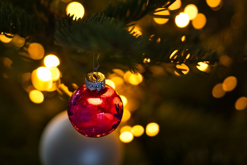 a red ornament hanging from a christmas tree