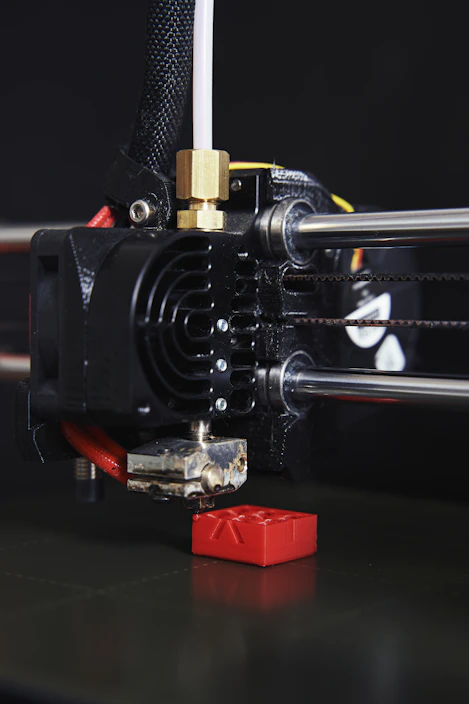 Close-up image of a 3D printer in action creating a detailed vase with vibrant colors.