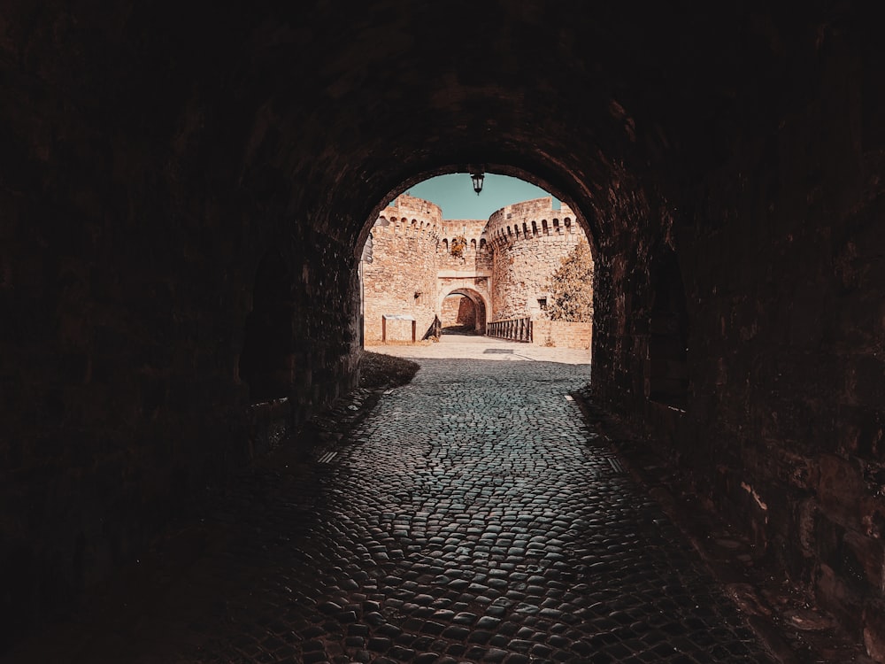 un tunnel sombre avec des pavés menant à un château