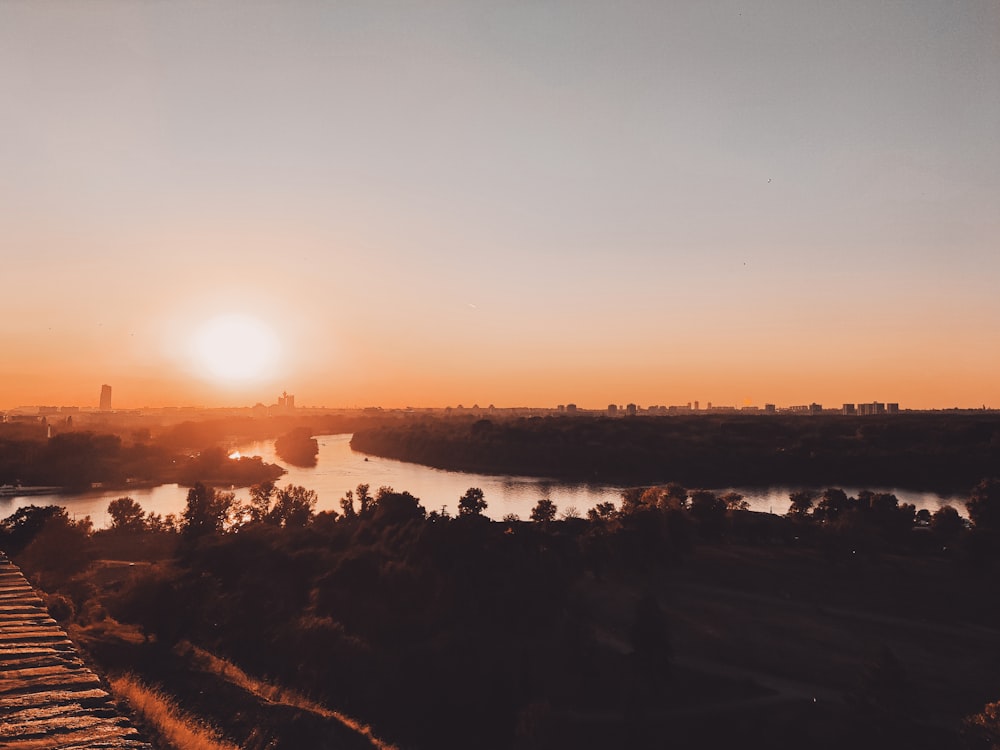 the sun is setting over a body of water