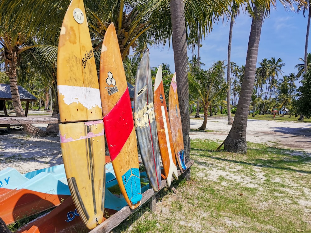 a row of surfboards leaning against a fence