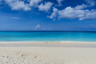 A vibrant beach scene with turquoise waters and soft white sand under a clear sky.