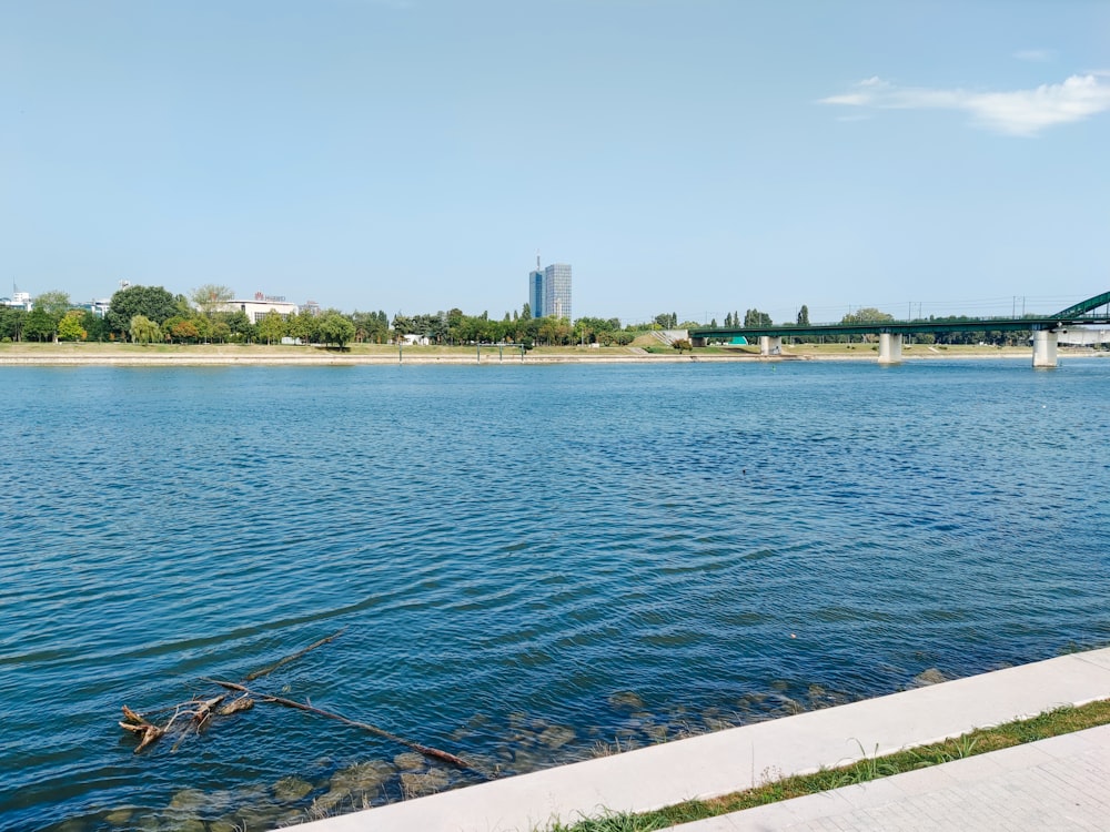 a body of water with a bridge in the background