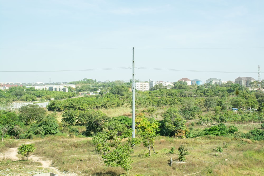 a field with trees and buildings in the background