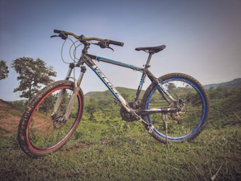 A mountain bike is positioned on a grassy hilltop with rugged tires, a metallic frame, and blue and red accents on the wheels. The background showcases rolling hills covered with lush greenery under an open sky.