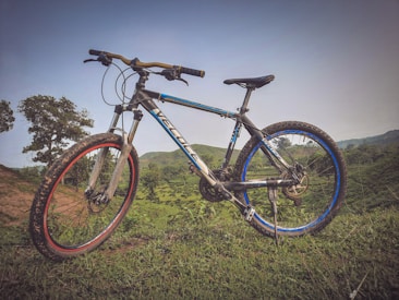A mountain bike is positioned on a grassy hilltop with rugged tires, a metallic frame, and blue and red accents on the wheels. The background showcases rolling hills covered with lush greenery under an open sky.