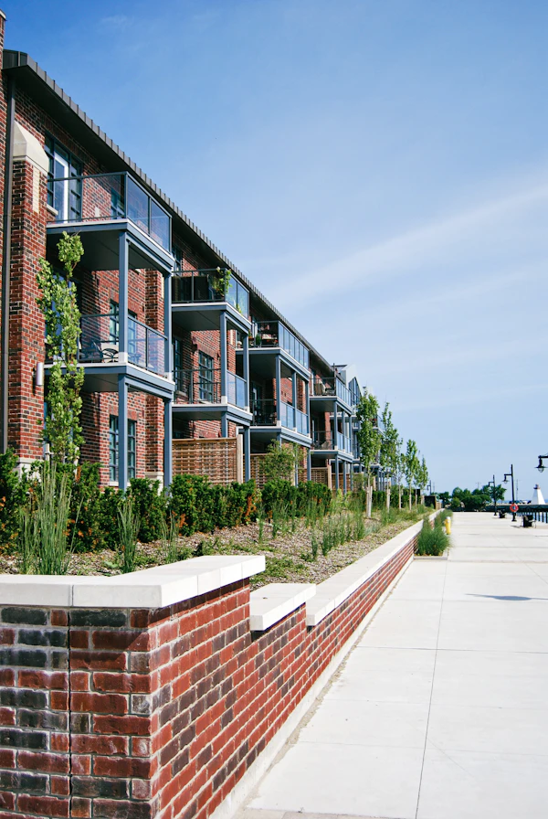Red brick apartment building with balconies in Milwaukee