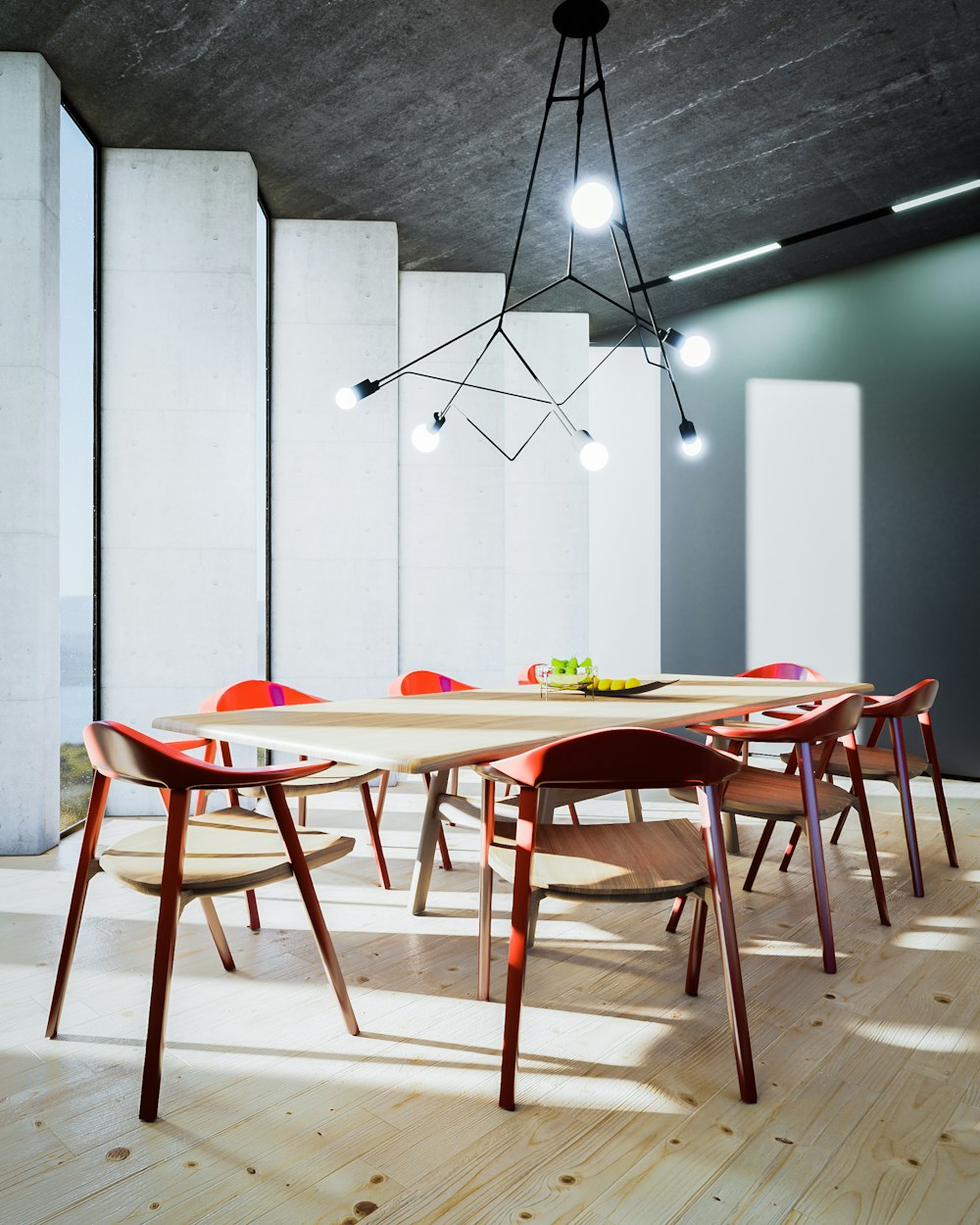 a room with a table, chairs, and a chandelier