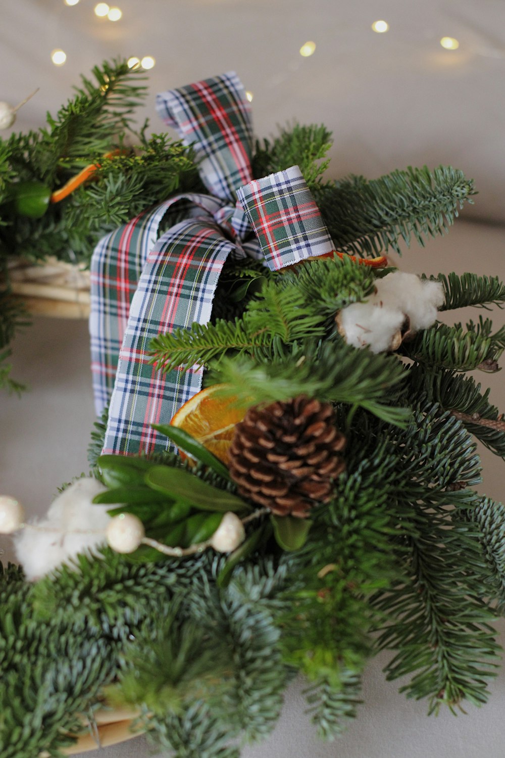 a close up of a wreath on a table