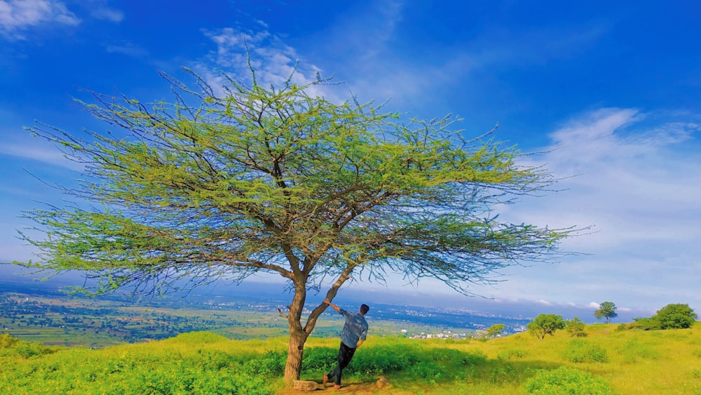 a man standing next to a tree on top of a lush green field