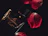 A shadowy silhouette of a perfume bottle against a backdrop of deep red rose petals.