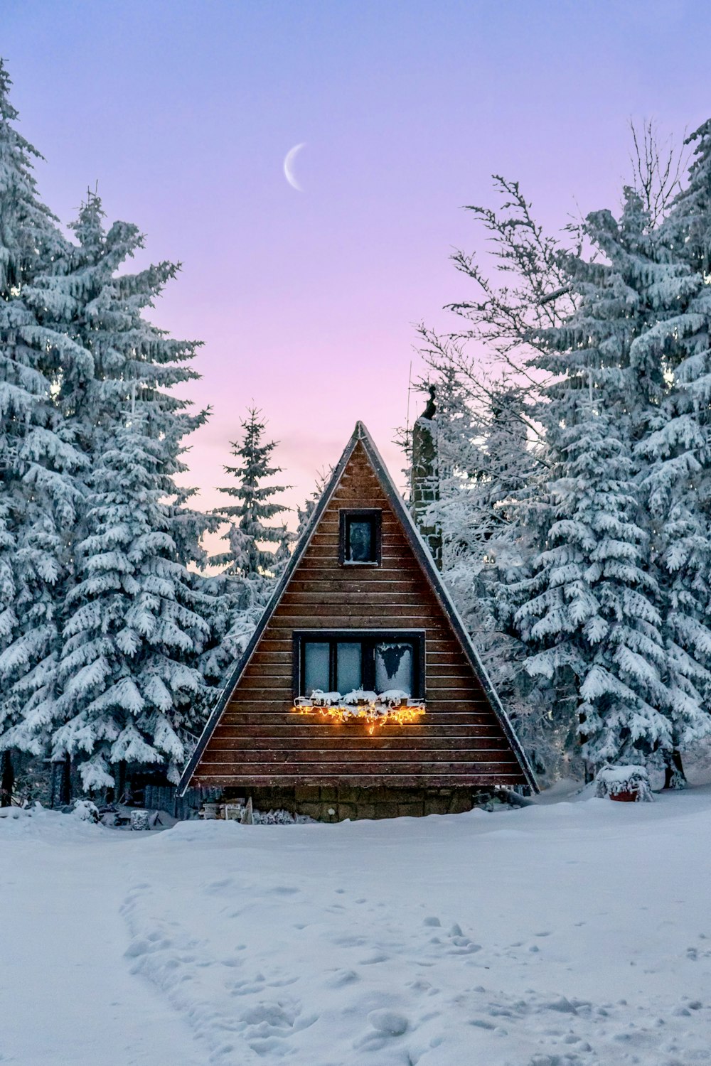 a small cabin in the middle of a snowy forest