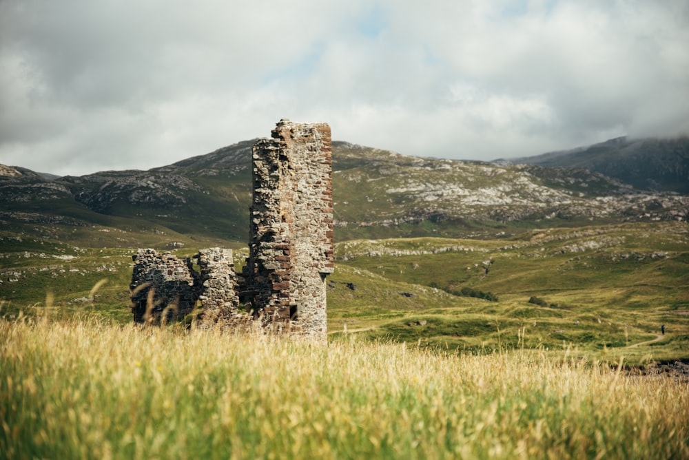 a stone tower in a grassy field with mountains in the background