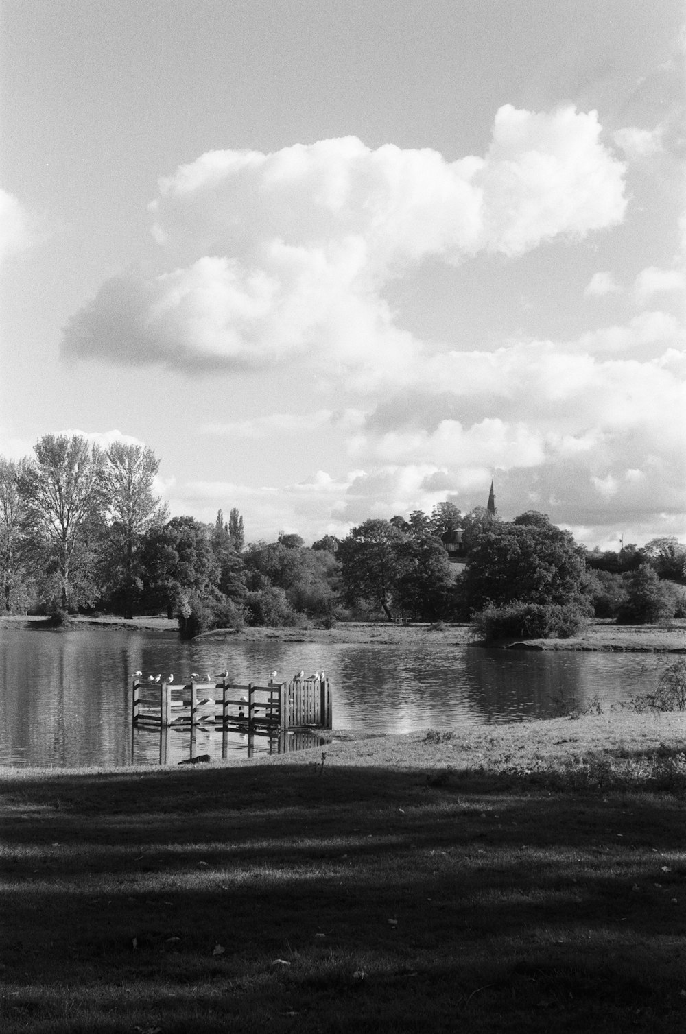 a black and white photo of a lake