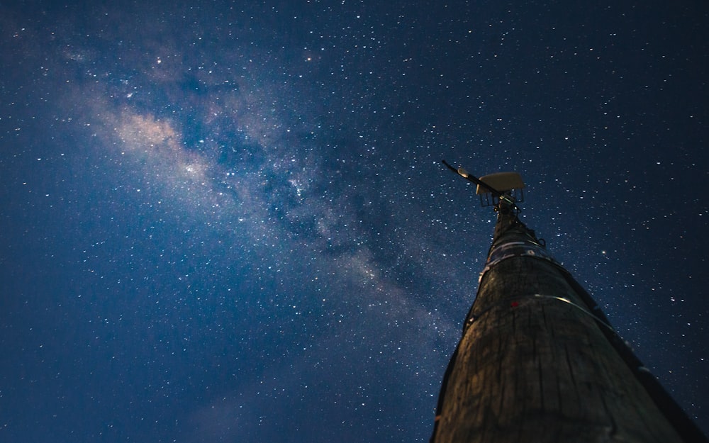 a tall tower with a sky full of stars in the background