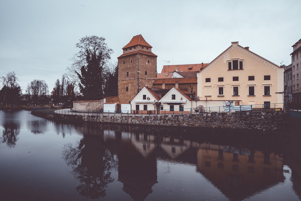 a body of water next to a row of buildings