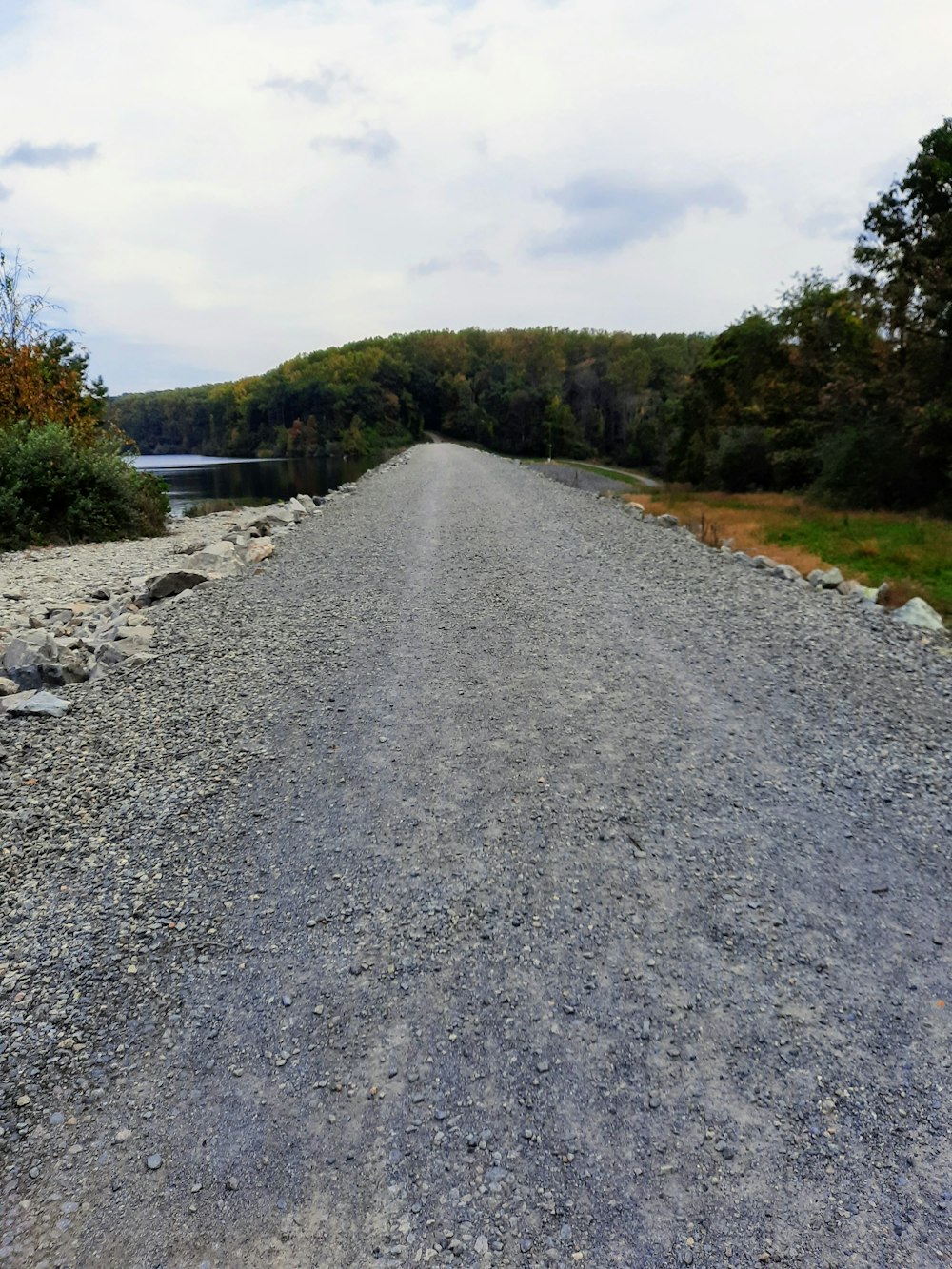 a gravel road with trees and water in the background