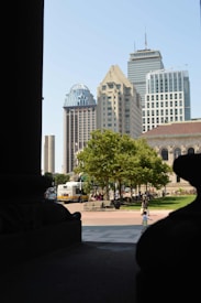 A cityscape featuring modern skyscrapers with varied architectural styles and a large, historic building in the foreground. A lush green tree and a grassy area with people walking create a balance between urban and natural elements. A white bus is visible on the street, indicating public transportation.