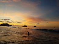 A serene sunset over the ocean with a whale silhouette.