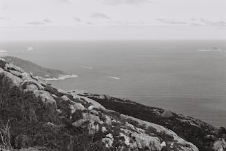 A black and white photograph captures a serene coastal landscape. In the foreground, rugged rocky terrain and vegetation create a textured scene, while the background reveals an expansive ocean view stretching towards the horizon. Small islands are visible in the distance, and the overall composition conveys a sense of vastness and tranquility.