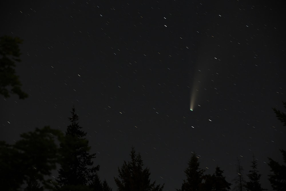 a comet is seen through the night sky