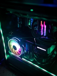a close up of a computer case in a dark room