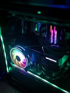 a close up of a computer case in a dark room
