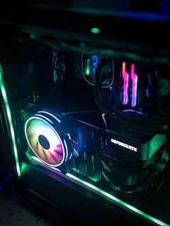 a close up of a computer case in a dark room