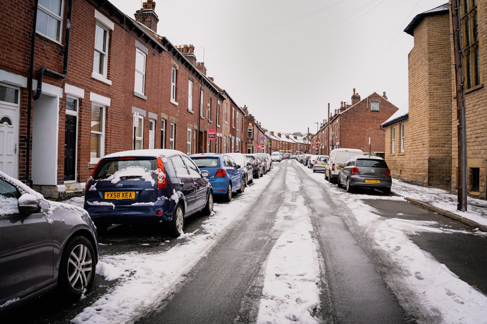 cars parked on the side of a snowy street