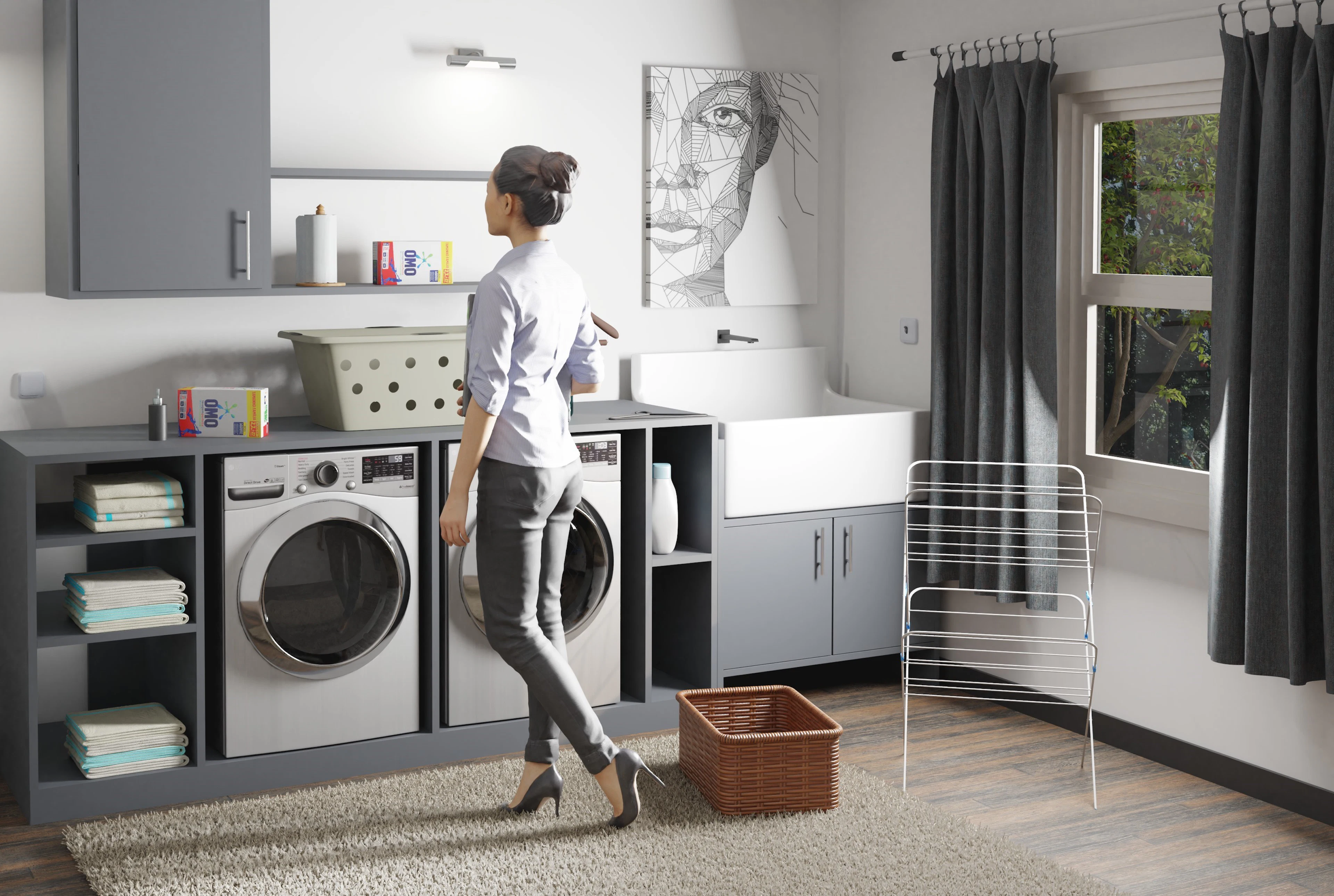 Laundry room with integrated appliances and cabinetry