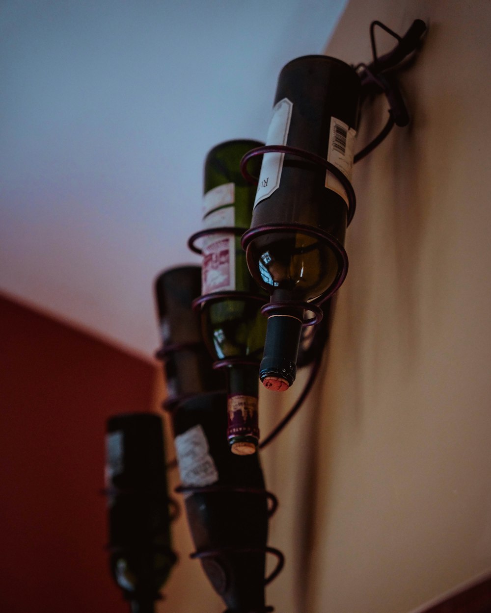 a bunch of wine bottles are hanging on a wall