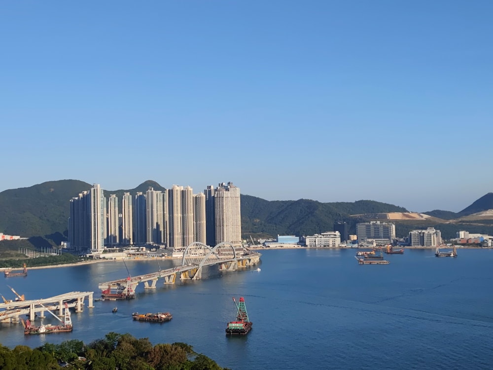 a large body of water surrounded by tall buildings