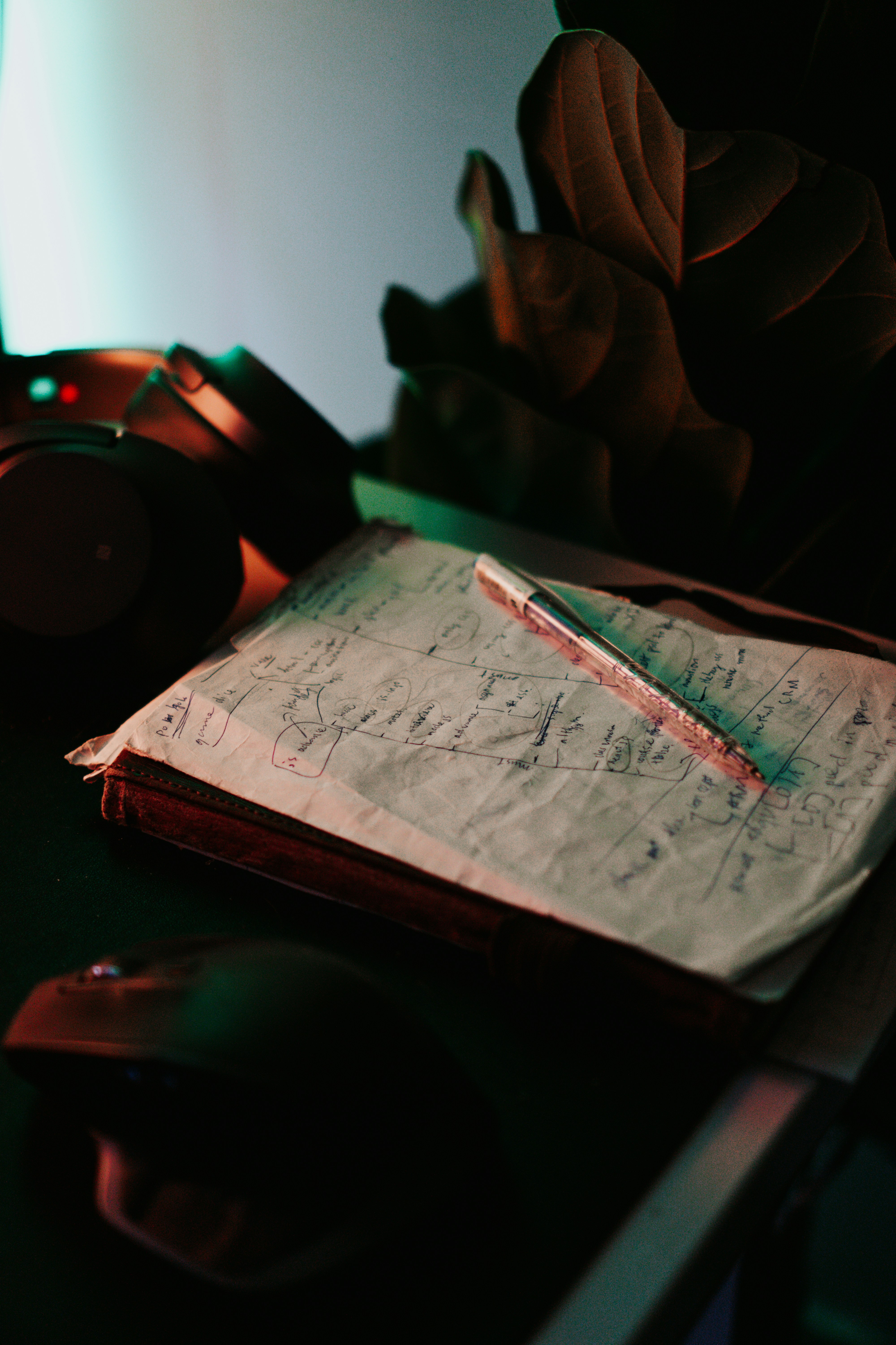 a notebook with writing on it sitting on a desk