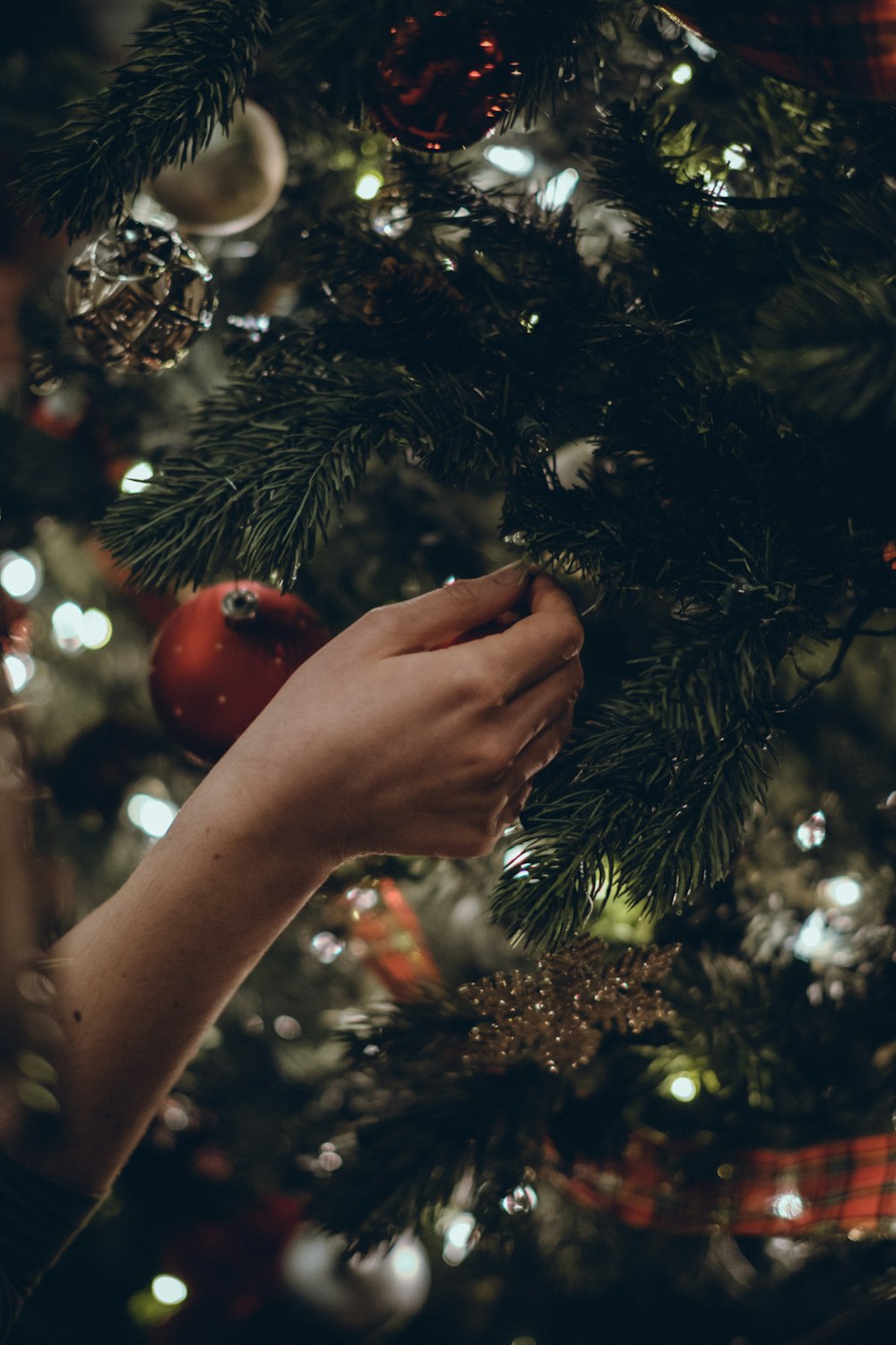 a person's hand holding an ornament on a christmas tree